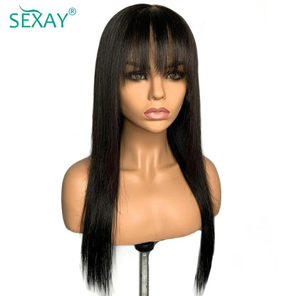 Natural Scalp Lace Front Wig With Bangs 180 Density Sexay Brazilian Straight Human Hair Bang Wigs Pre Plucked Lace Frontal Wigs