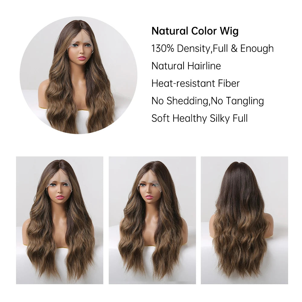 Long Wavy Transparent Lace Front Synthetic Wigs Brown Golden Ombre Lace Frontal Wig for Black Women Natural Cosplay Closure Hair