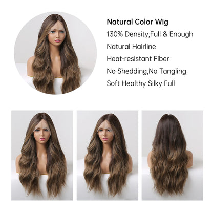 Long Wavy Transparent Lace Front Synthetic Wigs Brown Golden Ombre Lace Frontal Wig for Black Women Natural Cosplay Closure Hair