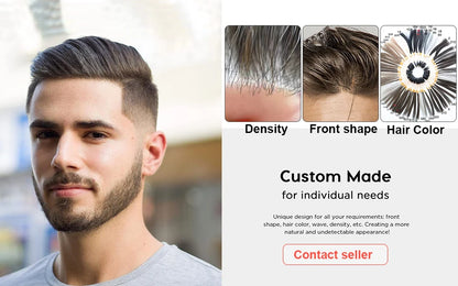 Full Head Wig For Men 6" Natural Straight Fine Mono With Pu Cap Men Wig 1/2" French Lace in Front Indian Human Hair Wig For Men