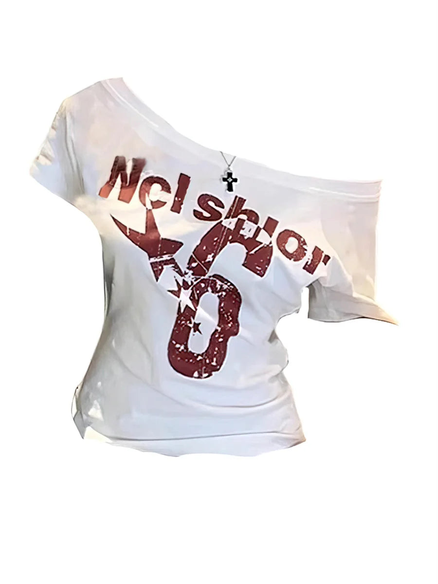 Y2k Sport Summer Off shoulder Top Women Letter Sexy Vintage 2000s Short sleeve T shirt Lady Body Basic Crop Top Female Casual
