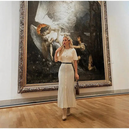 Elegant Knitted Single Breasted Midi Dress Women's Patchwork Dresses Female 2025 Summer Robe New Black Beige Robes Evening Party