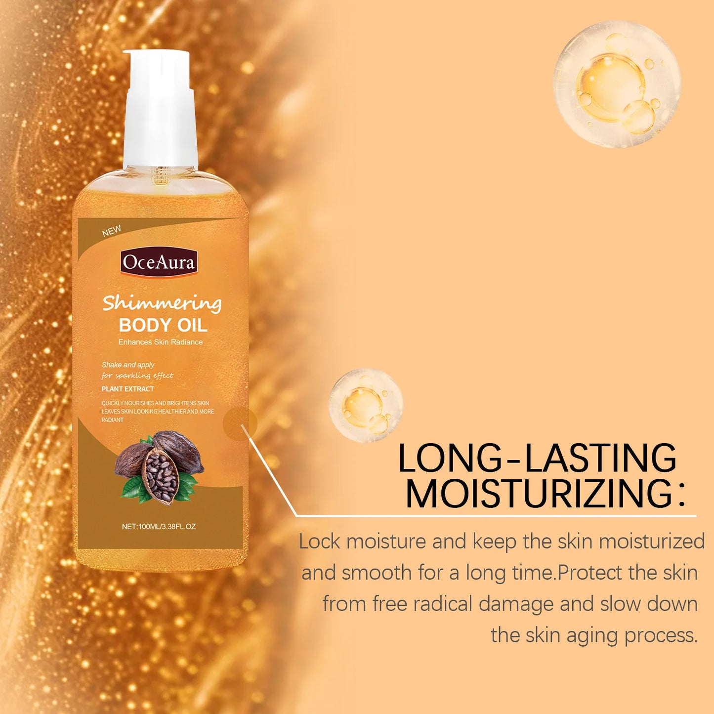 Oceaura 100ml Shimmering Body Oil for Daily Moisturizing Nourishing Glowing Skin Care Sparkling Massage Brighten Body Care