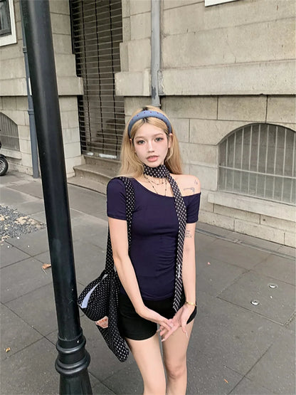 Y2k Sport Summer Off shoulder Top Women Letter Sexy Vintage 2000s Short sleeve T shirt Lady Body Basic Crop Top Female Casual