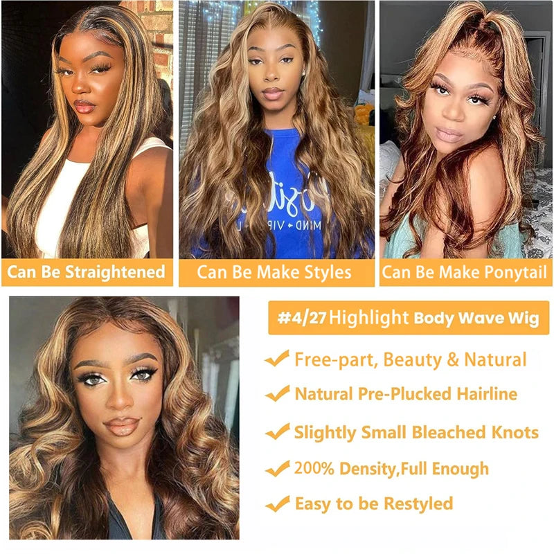 Body Wave 13x6 13x4 Lace Frontal Human Hair Wig Transparent 100% Highlight 34 Inch Brazilian Wigs #4/27 on sale For Women 180%