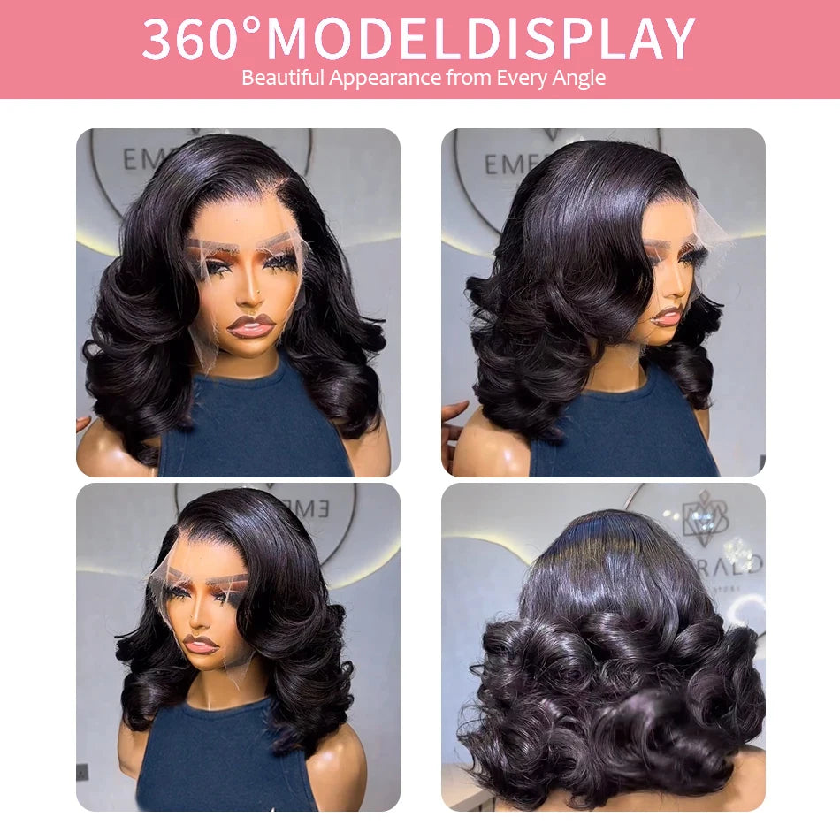 Body Wave 13x4 HD Lace Front Wigs Human Hair 200% Density Bob Wig Human Hair Pre Plucked Short Bob Wigs For Black Women 4x4 Lace Closure Frontal Wig Human Hair Natural Black Loose Wavy 14 Inch Bob Wigs