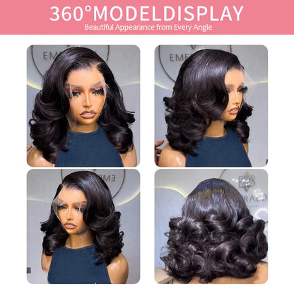 Body Wave 13x4 HD Lace Front Wigs Human Hair 200% Density Bob Wig Human Hair Pre Plucked Short Bob Wigs For Black Women 4x4 Lace Closure Frontal Wig Human Hair Natural Black Loose Wavy 14 Inch Bob Wigs