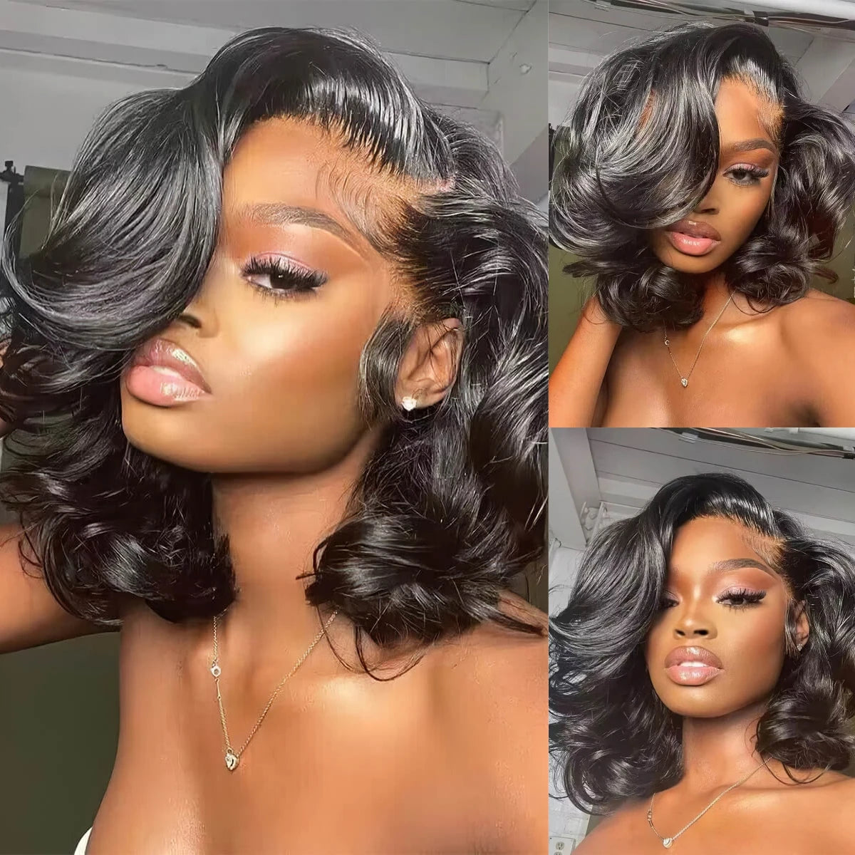 Body Wave 13x4 HD Lace Front Wigs Human Hair 200% Density Bob Wig Human Hair Pre Plucked Short Bob Wigs For Black Women 4x4 Lace Closure Frontal Wig Human Hair Natural Black Loose Wavy 14 Inch Bob Wigs