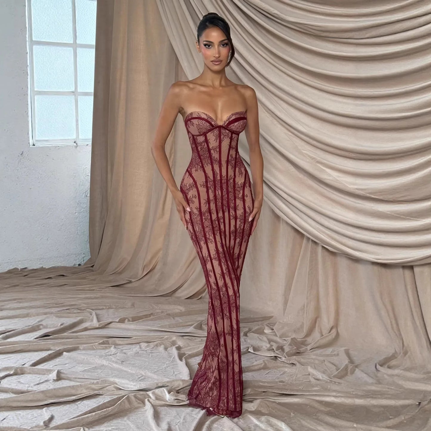 Elegant Women's Strapless Lace Long Dress Sexy Corset Maxi Dresses Summer Evening Party Cocktail Prom Wedding Guest Red Black