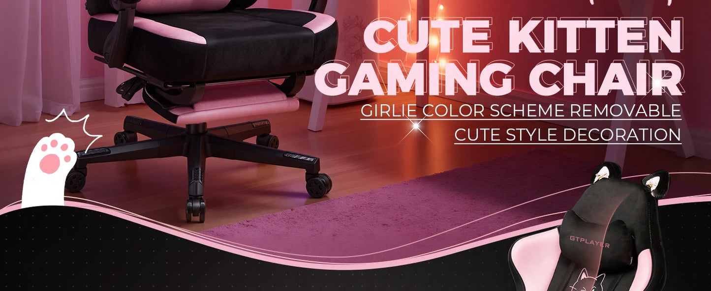 Cat Ear Gaming Chair: Cute Ergonomi Computer Chair with Cat Embroidery, Adjustable Memory Foam Lumbar Support & Headrest