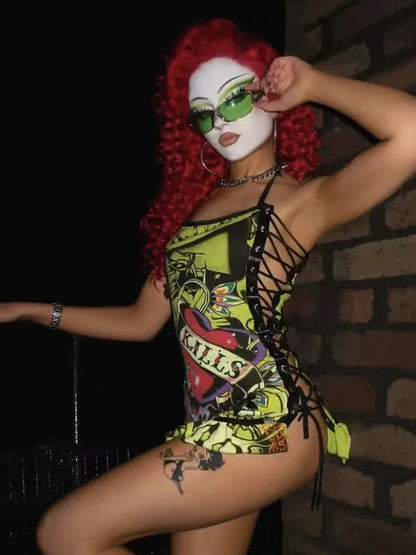 Joskaa Halter Printed Y2k Line Up Wacky Contrast Dress Women Gothic Party Sexy Hollow Bandage Halloween Makeup Dresses Outwear