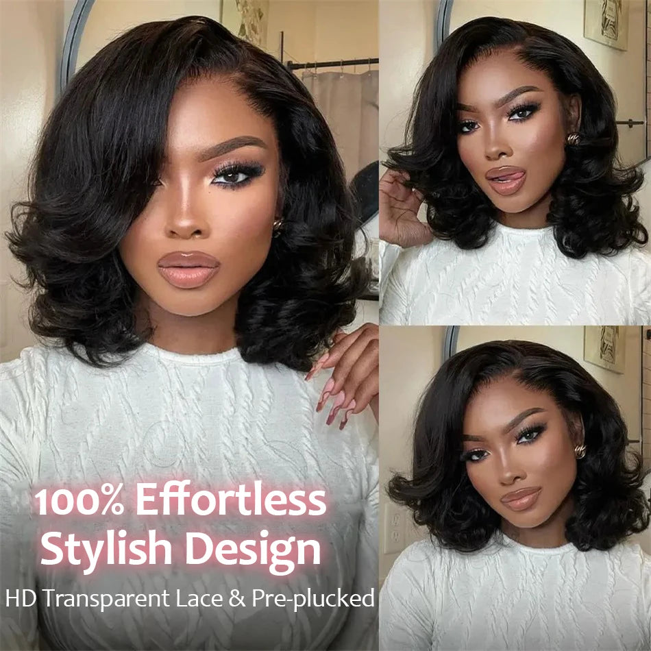 Body Wave 13x4 HD Lace Front Wigs Human Hair 200% Density Bob Wig Human Hair Pre Plucked Short Bob Wigs For Black Women 4x4 Lace Closure Frontal Wig Human Hair Natural Black Loose Wavy 14 Inch Bob Wigs