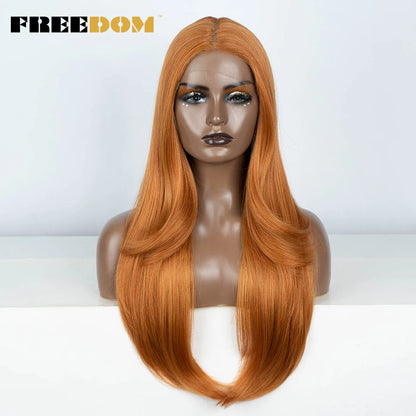 FREEDOM 28 Inch Straight Synthetic Lace Front Wigs For Women Ombre Brown Blonde Highlight Layer Cosplay Lace Wigs Heat Resistant