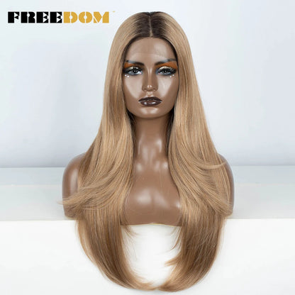 FREEDOM 28 Inch Straight Synthetic Lace Front Wigs For Women Ombre Brown Blonde Highlight Layer Cosplay Lace Wigs Heat Resistant