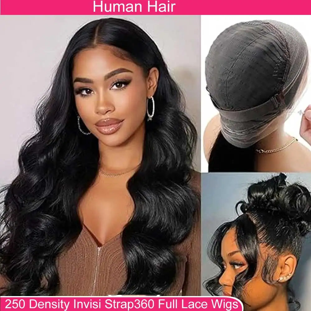 360 Lace Front Wigs Human Hair with Drawstring Pre Plucked Hidden Strap 360 HD Full Lace Body Wave Frontal Wig Glueless Wigs