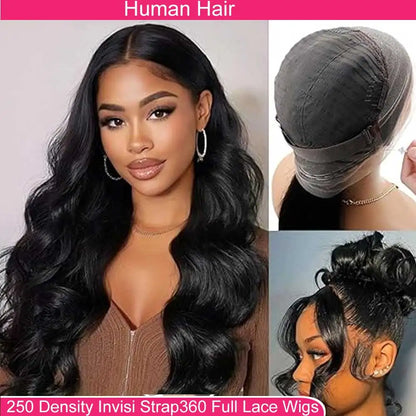 360 Lace Front Wigs Human Hair with Drawstring Pre Plucked Hidden Strap 360 HD Full Lace Body Wave Frontal Wig Glueless Wigs