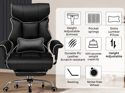 COMHOMA Big and Tall Office Chair 400lbs High Back Leather Executive Chair with Ergonomic Lumbar Support & Pocket Spring Cushion