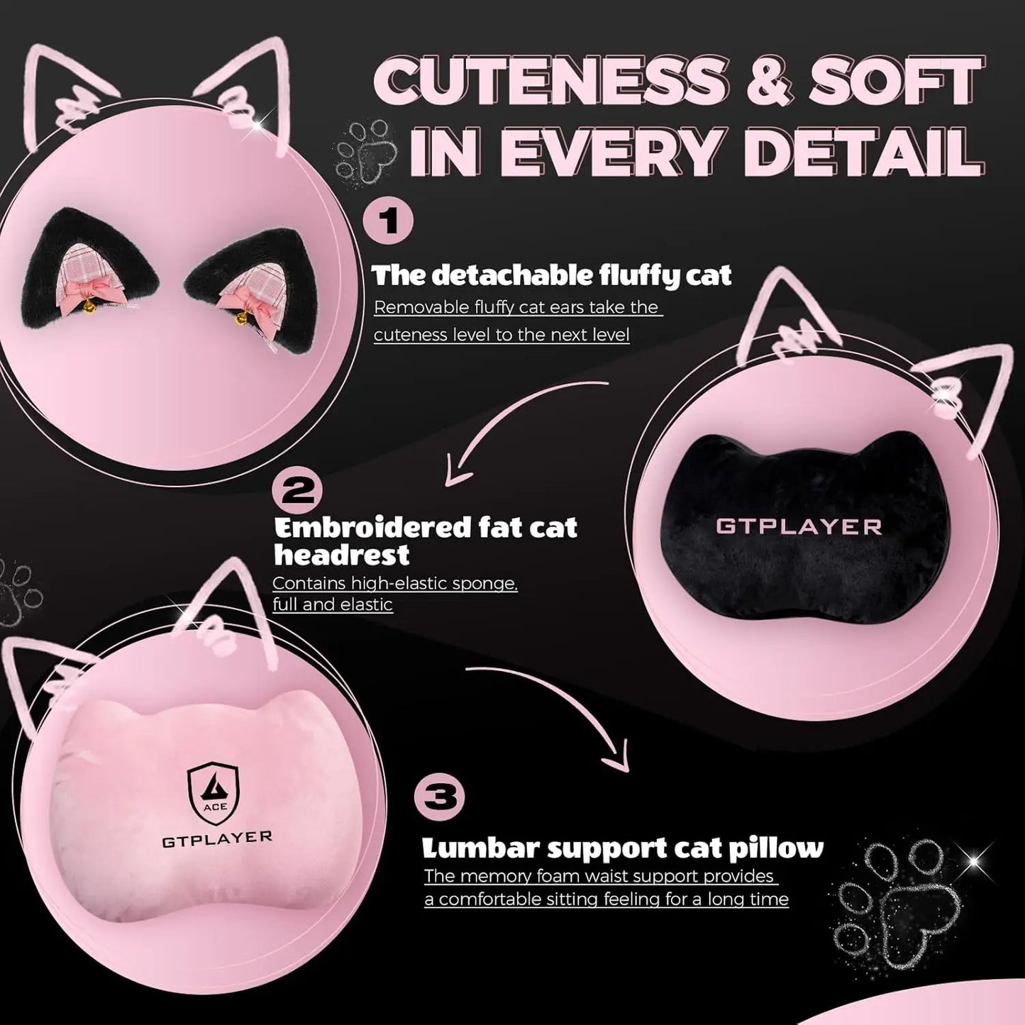 Cat Ear Gaming Chair: Cute Ergonomi Computer Chair with Cat Embroidery, Adjustable Memory Foam Lumbar Support & Headrest