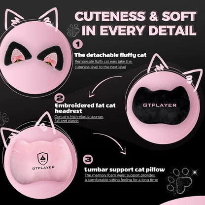 Cat Ear Gaming Chair: Cute Ergonomi Computer Chair with Cat Embroidery, Adjustable Memory Foam Lumbar Support & Headrest
