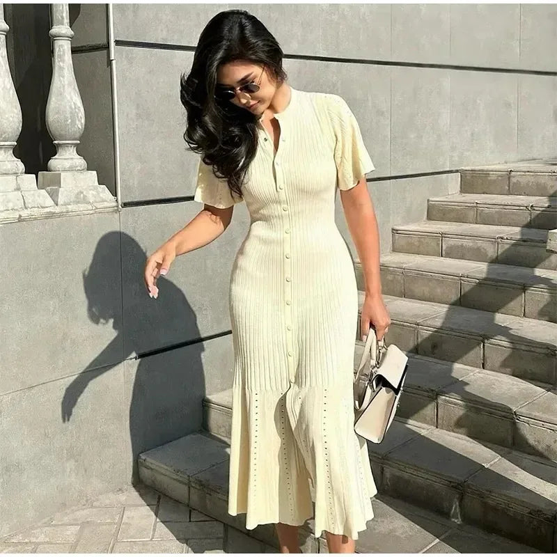 Elegant Knitted Single Breasted Midi Dress Women's Patchwork Dresses Female 2025 Summer Robe New Black Beige Robes Evening Party