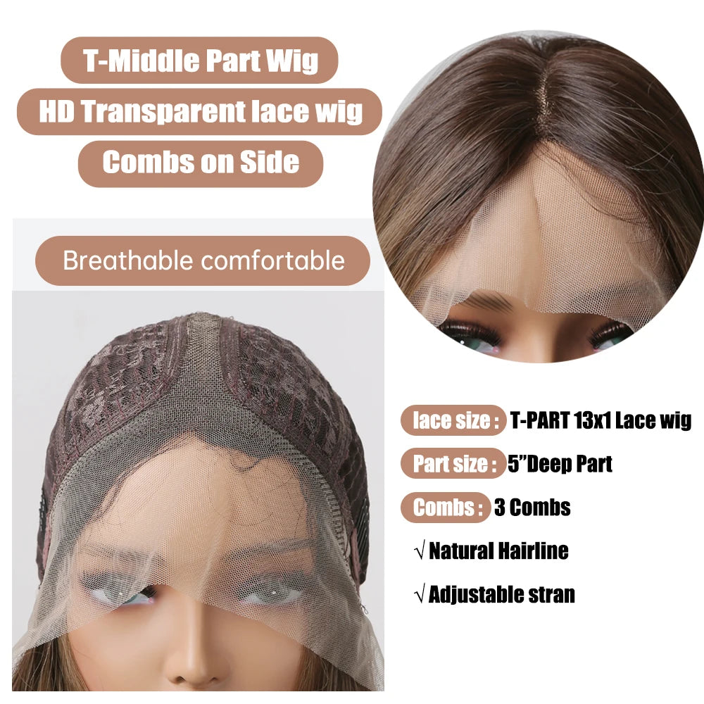Long Wavy Transparent Lace Front Synthetic Wigs Brown Golden Ombre Lace Frontal Wig for Black Women Natural Cosplay Closure Hair