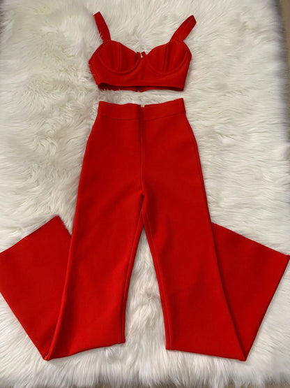 2024 Women New Arrival Sexy Low cut Strap Bra Top+High Waist Flare Pants Two Piece Bandage Set Elgant Fashion Party Wear Vintage