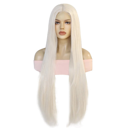 13x3.5x1 HD Lace Front Wig Platinum White Extra Long Straight Synthetic Wig Pre Plucked Hairline Free Part Cosplay Daily Wig