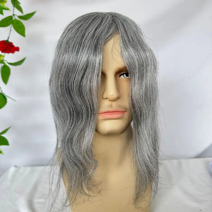 Pwigs 12 Inch Full French Lace Men Toupee 1b80 20% Human Black Hair Mixed with 80% Synthetic Gray European Hair System