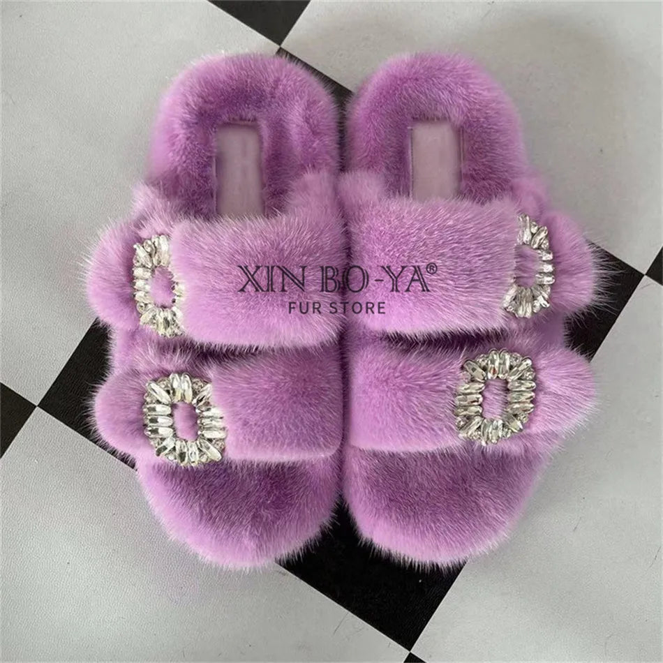 Summer Women Mink Fur Slippers Woman Luxury 2026 Women's Sandals Outdoor Fashion Casual Shoes Fur Mule Shoes Opentoed Slides