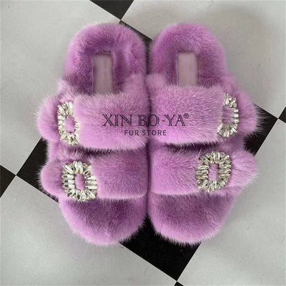 Summer Women Mink Fur Slippers Woman Luxury 2026 Women's Sandals Outdoor Fashion Casual Shoes Fur Mule Shoes Opentoed Slides