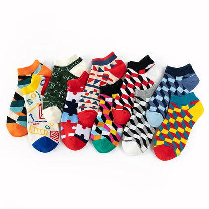 4 pairs Men's And Women's Latest Design Boat Socks Short Summer Socks Quality Business Geometric Lattice Colorful  Cotton Socks