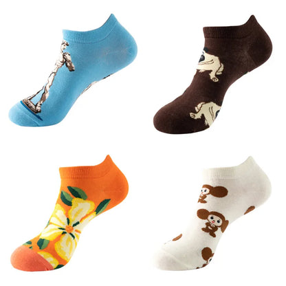 4pairs Funny animal Combed Cotton Fashion Hip Hop Man woman Oil Painting Socks Harajuku Skateboard outer space Happy love Socks