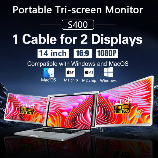 14-Inch Widescreen IPS Triple Monitor Laptop Screen Extender Easy-to-Connect for Dual 16:9 Aspect Ratio Setup