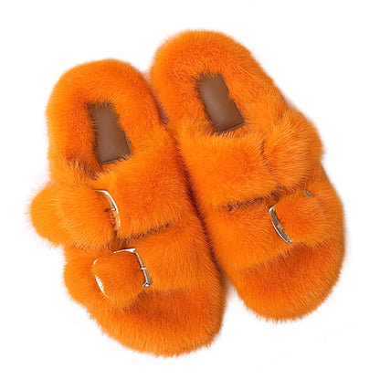 Wholesale Fashion Custom Winter Warm Luxury Fur Slippers Real Mink Fur Slides for Women Ladies Shoes