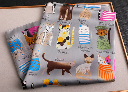 Spring and summer NEW Luxury Brand 90x90cm Silk Square Scarf Women Tie Hairband Cat printed Scarves Female Foulard scarf stores