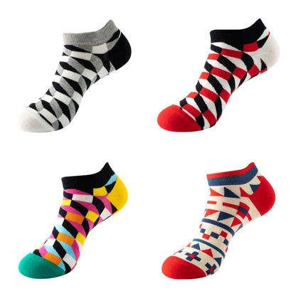4 pairs Men's And Women's Latest Design Boat Socks Short Summer Socks Quality Business Geometric Lattice Colorful  Cotton Socks