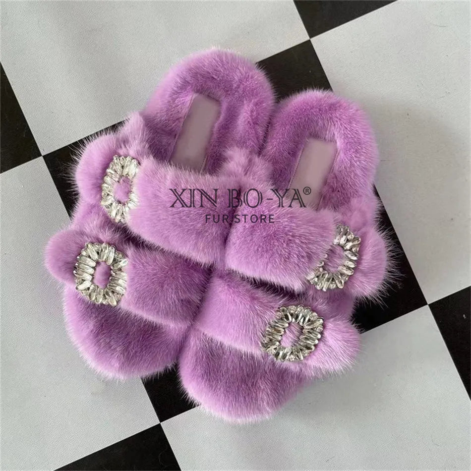 Summer Women Mink Fur Slippers Woman Luxury 2026 Women's Sandals Outdoor Fashion Casual Shoes Fur Mule Shoes Opentoed Slides