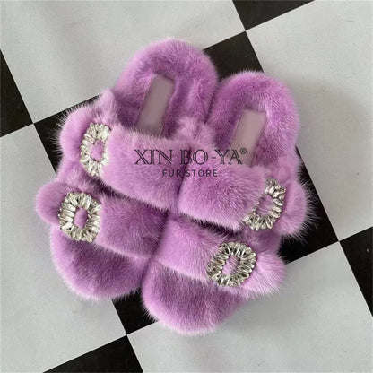 Summer Women Mink Fur Slippers Woman Luxury 2026 Women's Sandals Outdoor Fashion Casual Shoes Fur Mule Shoes Opentoed Slides