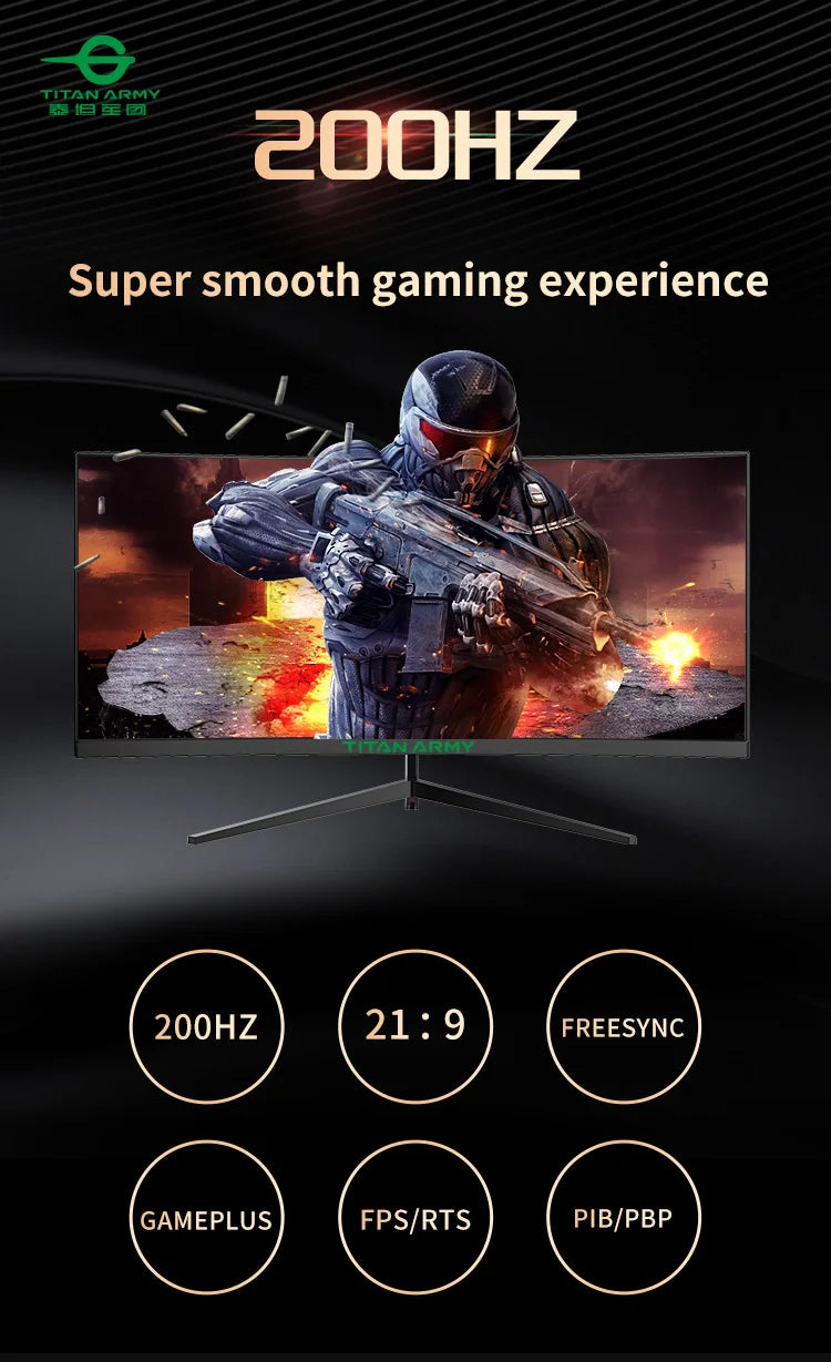 TITAN ARMY 30 inch 2K 200Hz Curved Gaming Monitor 21:9 2560x1080 Ultra Wide Ultra Slim screen FREESYNC VESA Metal Black