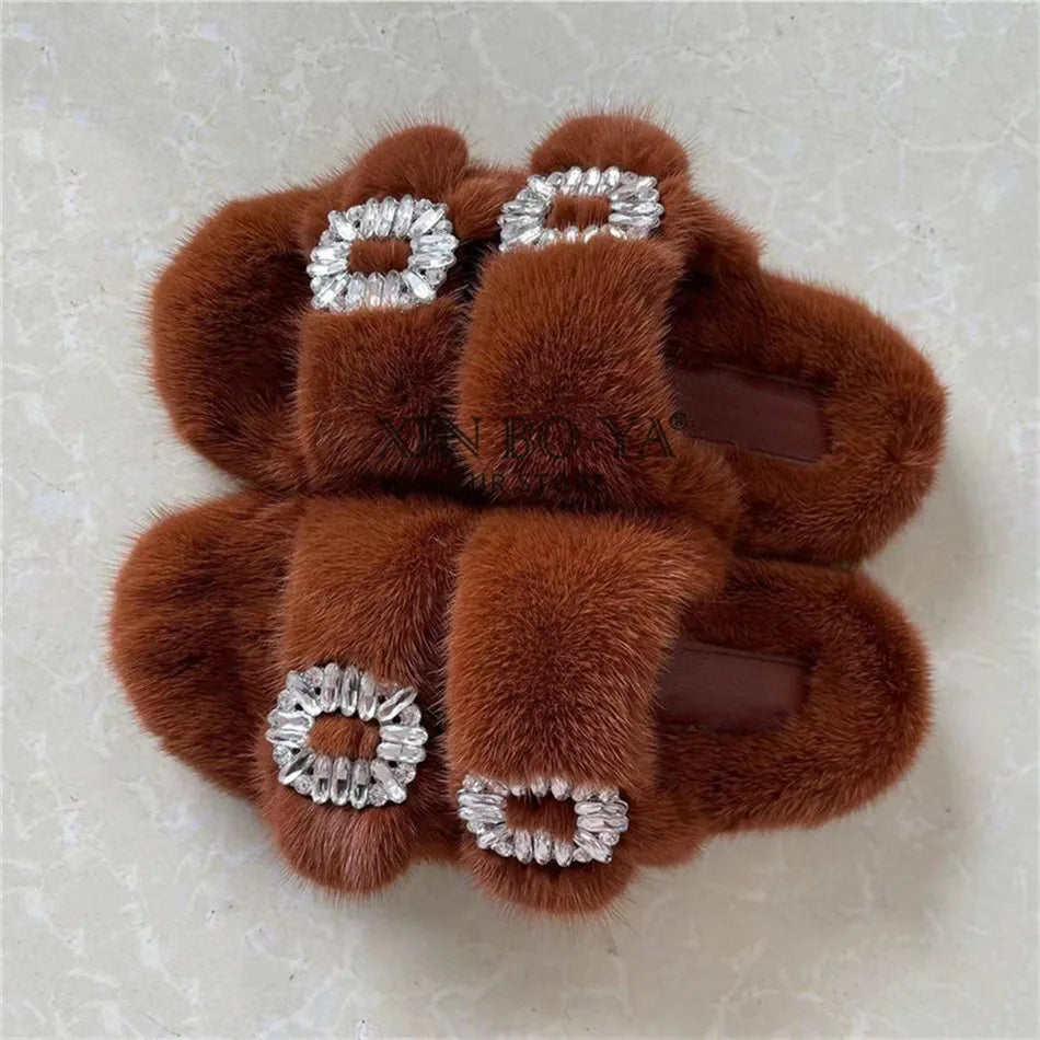 Summer Women Mink Fur Slippers Woman Luxury 2026 Women's Sandals Outdoor Fashion Casual Shoes Fur Mule Shoes Opentoed Slides