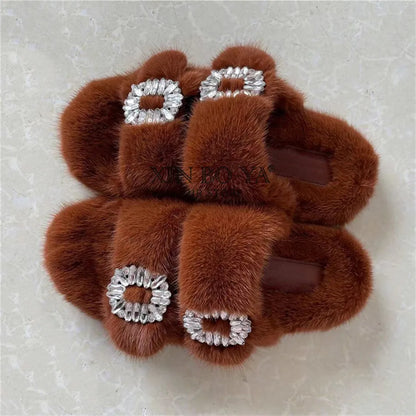 Summer Women Mink Fur Slippers Woman Luxury 2026 Women's Sandals Outdoor Fashion Casual Shoes Fur Mule Shoes Opentoed Slides