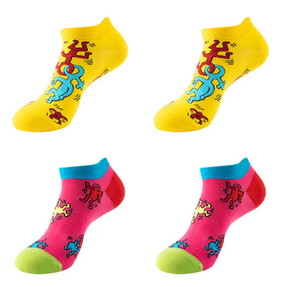 4pairs Funny animal Combed Cotton Fashion Hip Hop Man woman Oil Painting Socks Harajuku Skateboard outer space Happy love Socks