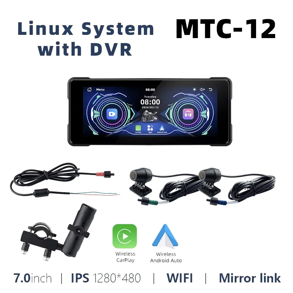7 Inch Big Screen Wireless Carplay Waterproof IP67 ABS Material with Front and Back Dash Camera for Motorcycle and Car