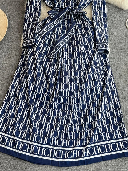 Autumn Korean Version Mature Style Retro Elegant Turtleneck Ultra High Waist Waist-Cinching Slimming Printed BASICS Shirt Dress