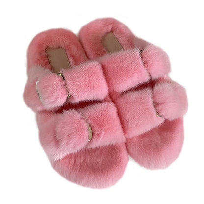 Wholesale Fashion Custom Winter Warm Luxury Fur Slippers Real Mink Fur Slides for Women Ladies Shoes