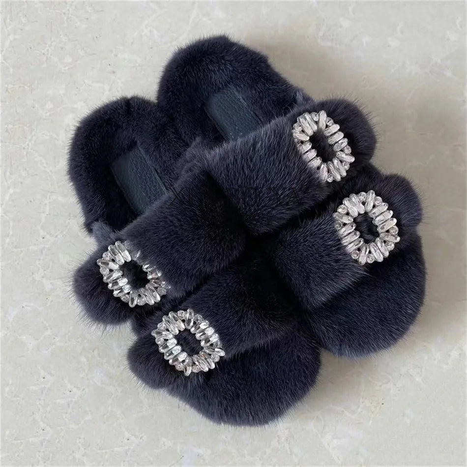 Summer Women Mink Fur Slippers Woman Luxury 2026 Women's Sandals Outdoor Fashion Casual Shoes Fur Mule Shoes Opentoed Slides