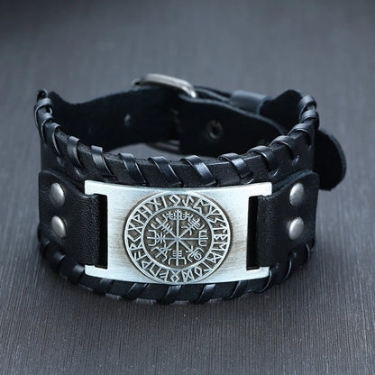 Vnox Wide Leather Wristband for Men Stylish Genuine Leather Bangle with Metal Charm Bracelets Punk Male Pulseira