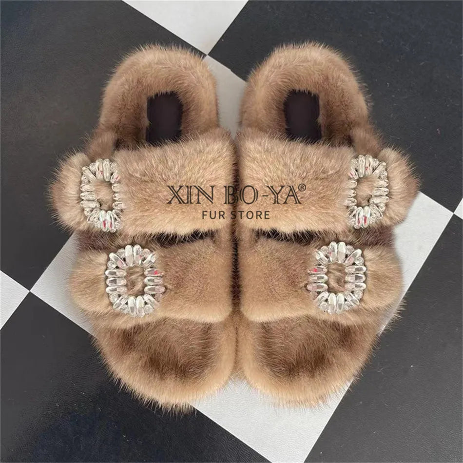 Summer Women Mink Fur Slippers Woman Luxury 2026 Women's Sandals Outdoor Fashion Casual Shoes Fur Mule Shoes Opentoed Slides
