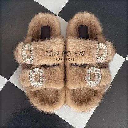 Summer Women Mink Fur Slippers Woman Luxury 2026 Women's Sandals Outdoor Fashion Casual Shoes Fur Mule Shoes Opentoed Slides