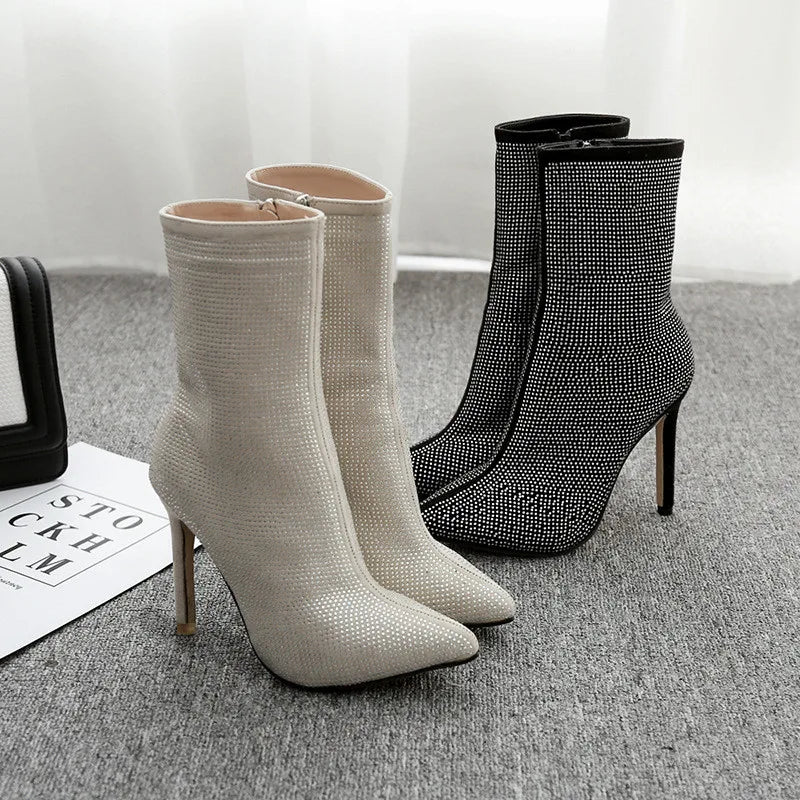 Crystal Thin High Heel Ankle Boots for Women Sexy Pointed Toe Short Boots Side Zipper Fashion Ladies Shoes